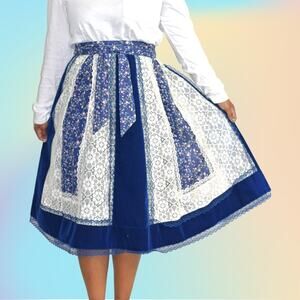 Vintage Midi Skirt Blue Velveteen Patchwork Floral Lace Velvet 70s Size Small